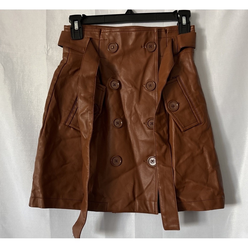 Forever 21 Chestnut Brown Faux Leather Belted Mini Skirt Dbl Breasted Pockets XS